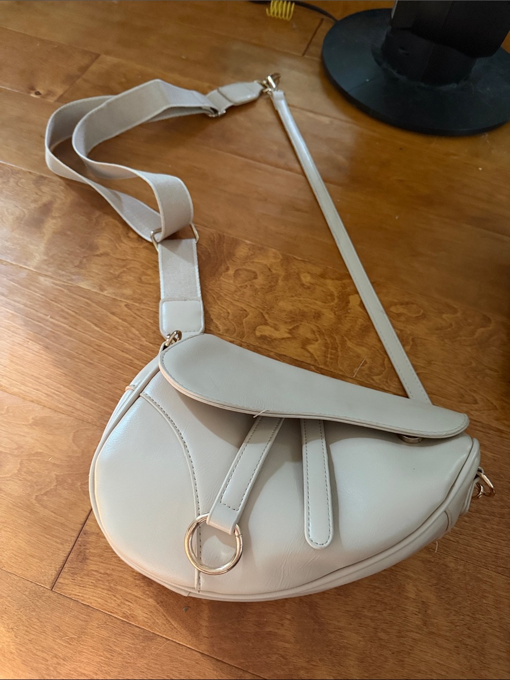 Cream Saddle Crossbody Bag with Gold Ring Accent